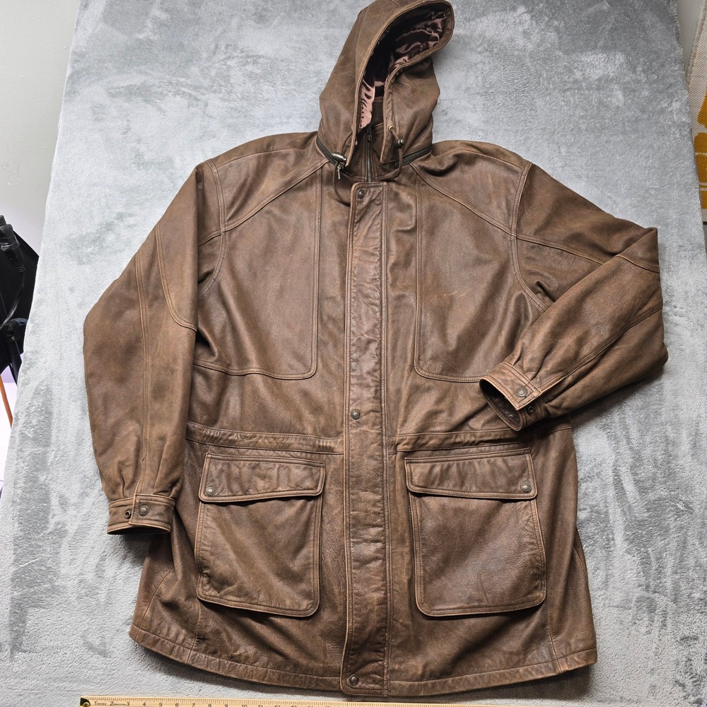 Wilsons Adventure Bound Leather Parka Jacket Mens 2XLT Brown Removable Hood